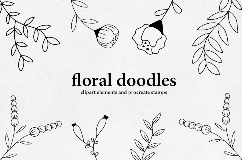 Floral doodles clipart and Procreate stamp set main view