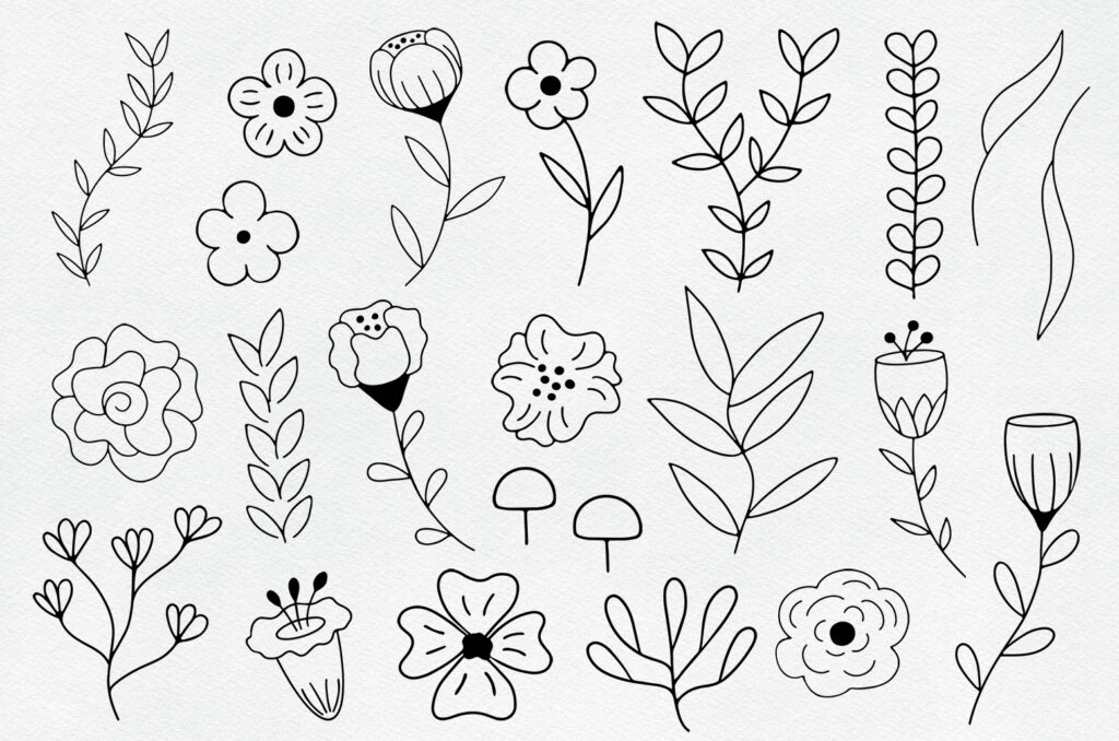 Floral doodles clipart and Procreate stamp set illustration