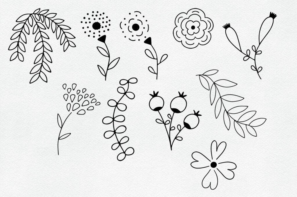 Floral doodles clipart and Procreate stamp set illustration